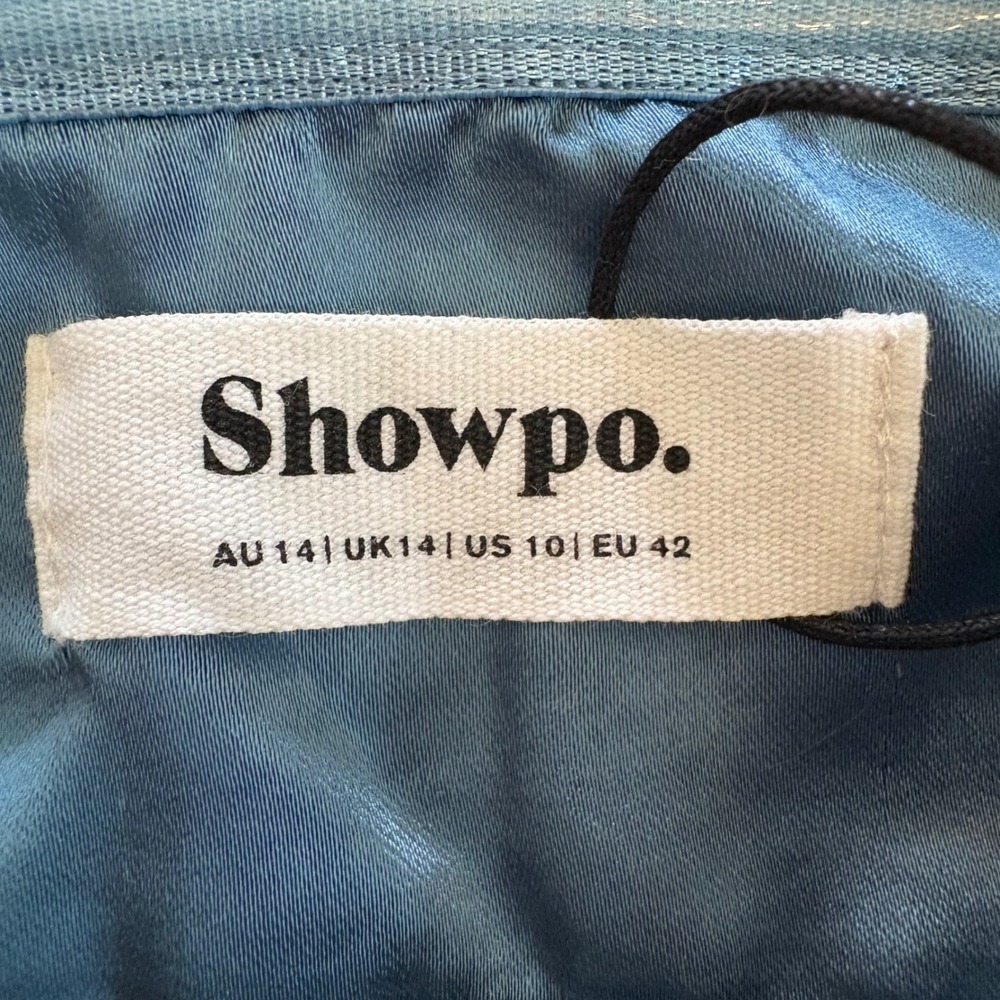 NWT Showpo. Charlita Strapless Cowl Back Satin Maxi Dress Blue Women's Size 10 - Picture 4 of 7